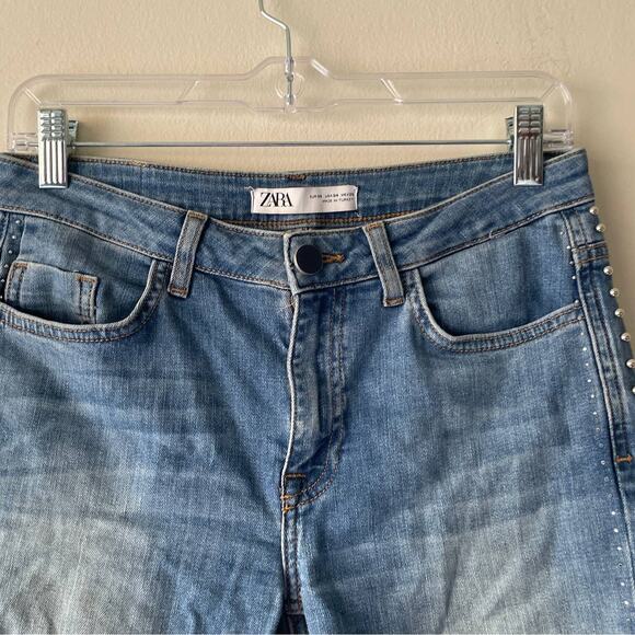 Zara Mid Wash Studded Distressed Cutoff Hem Skinny Jeans - Size 4 - Picture 3 of 8